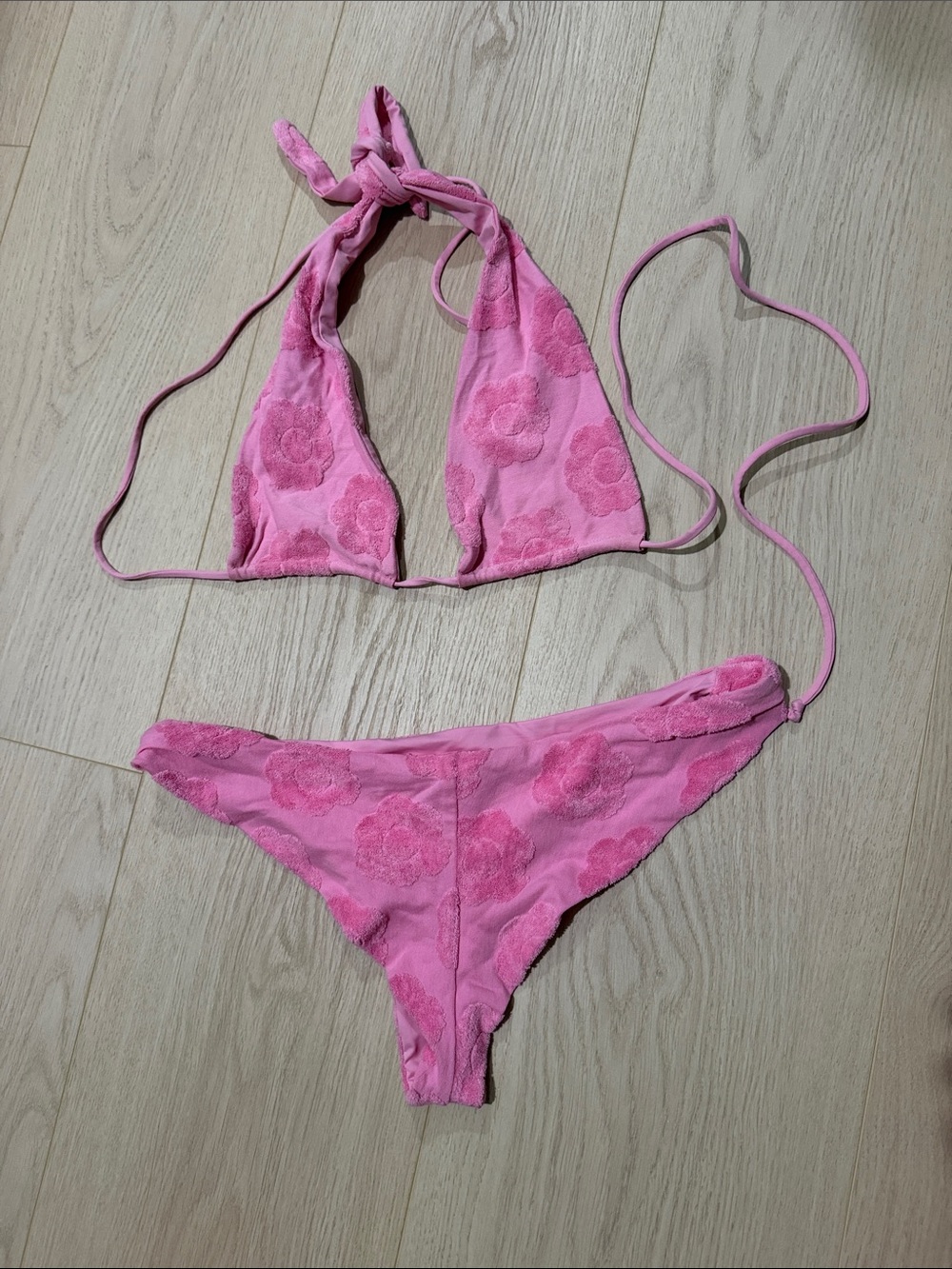 Frankie's Bikinis Pink Floral Textured Triangle Bikini